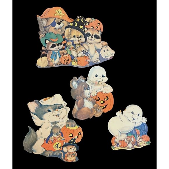 Vtg Halloween Felted Die-Cut Decor Baby Ghost Kitty Cat Teddy Bear Raccoon - Picture 3 of 6